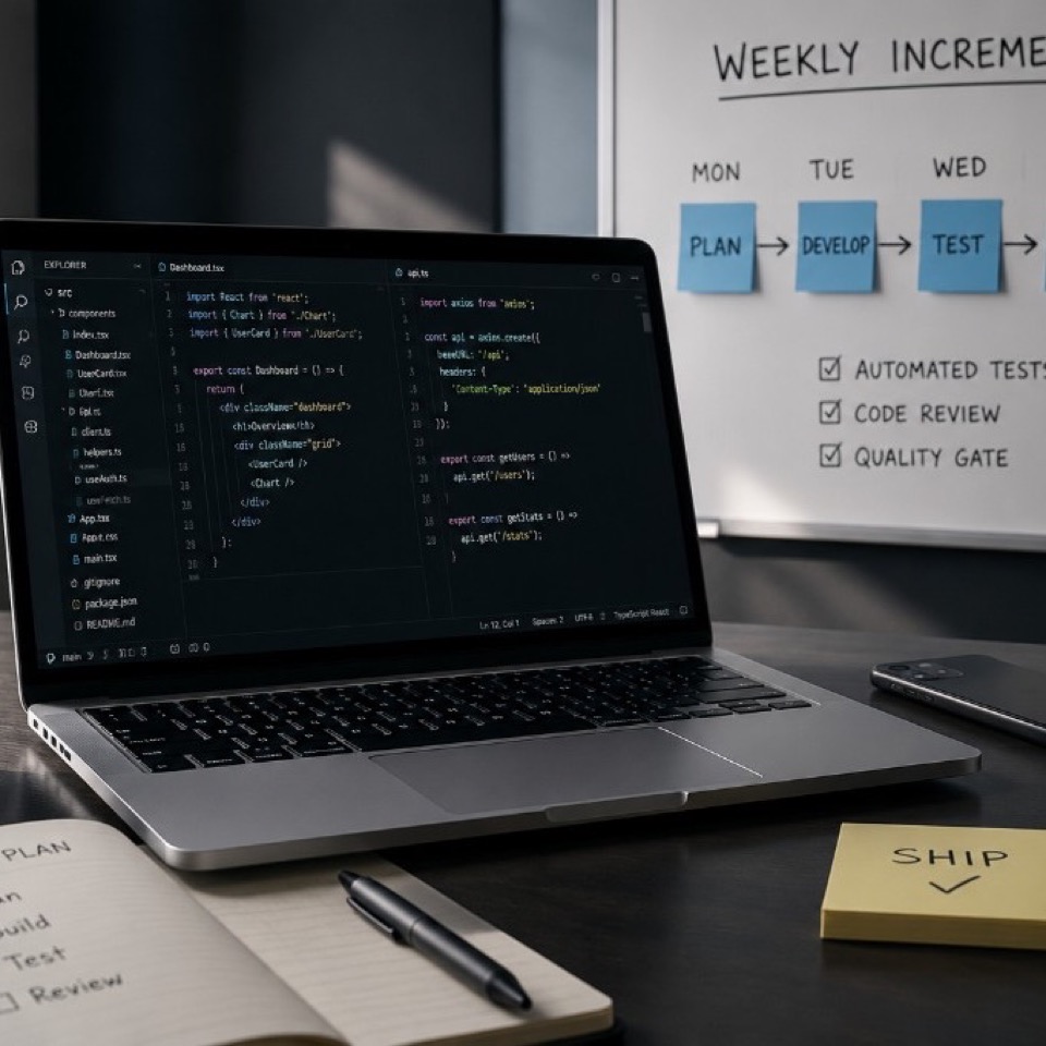 Developer writing and shipping code on a laptop