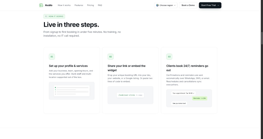 Avalio how it works — three-step setup flow