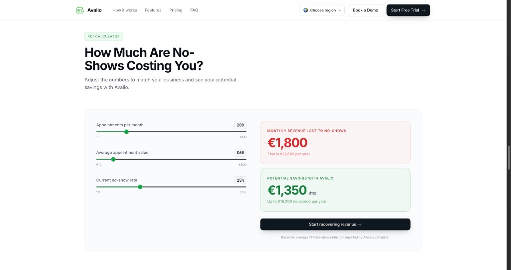 Avalio ROI calculator — no-show revenue impact
