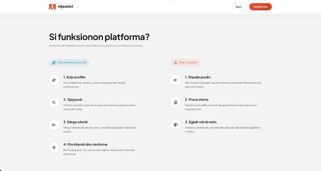 Mjeshtri how it works — client and professional onboarding flow