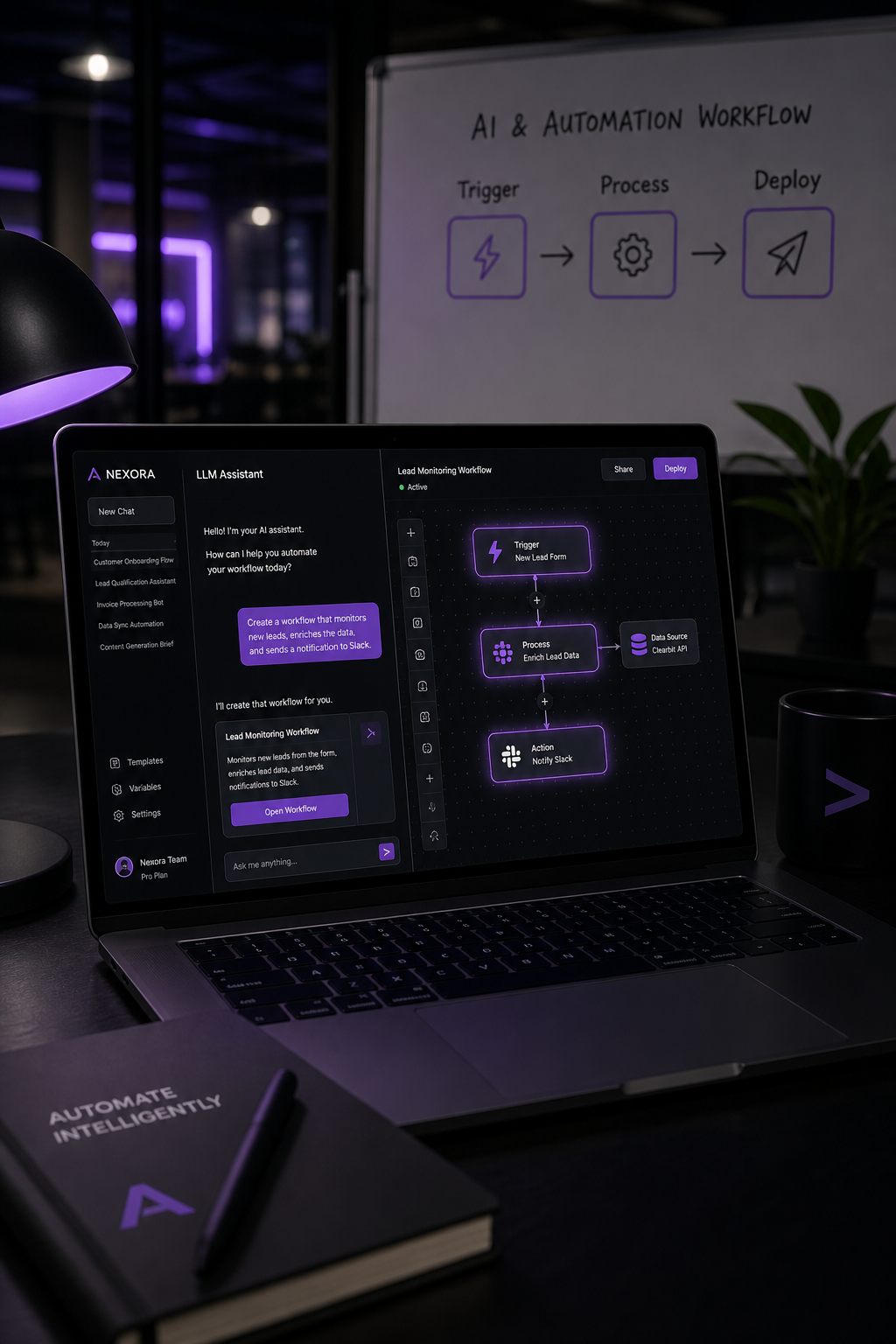 AI and automation engineering workspace with workflow diagrams