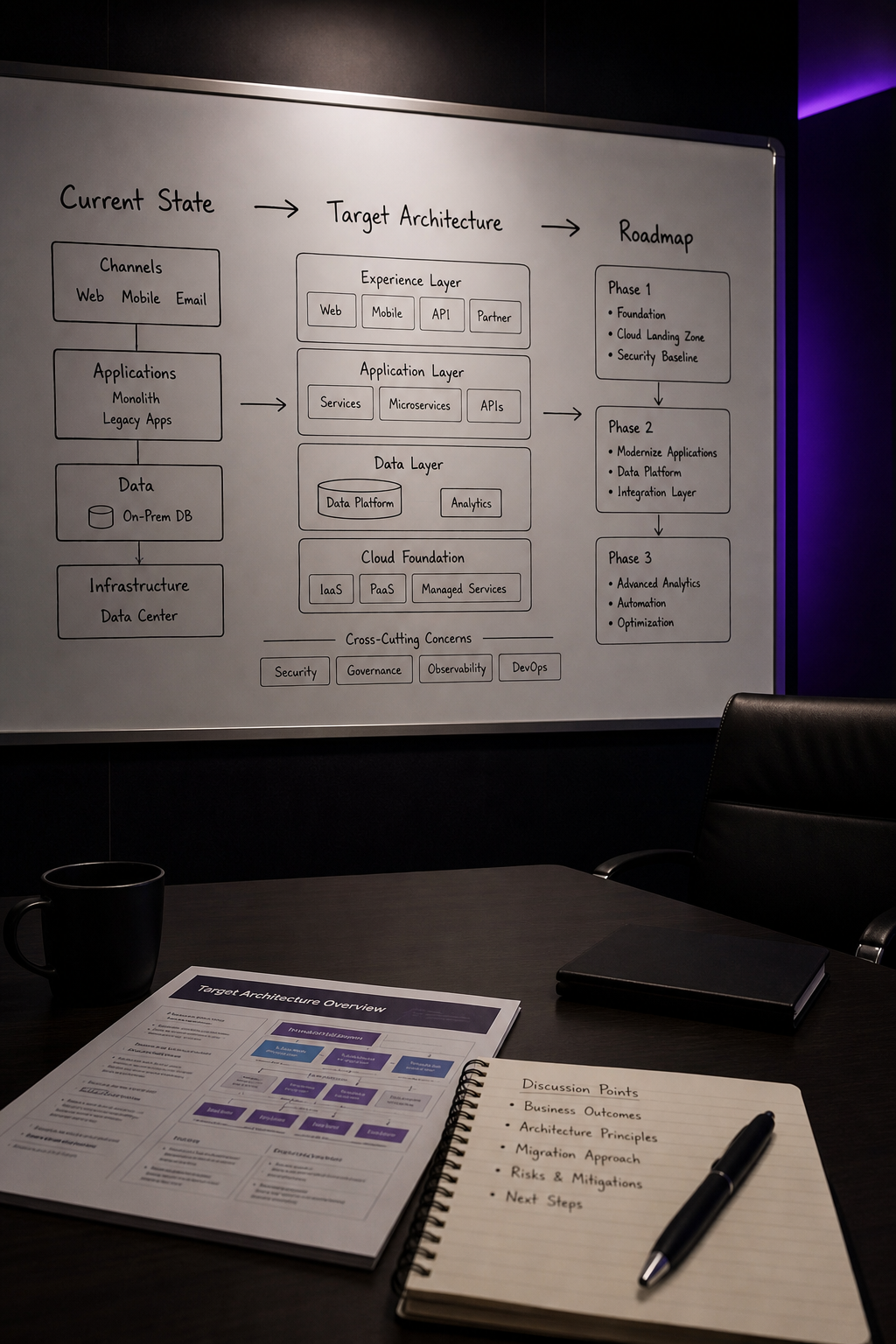 Technical consulting strategy session with architecture roadmap whiteboard
