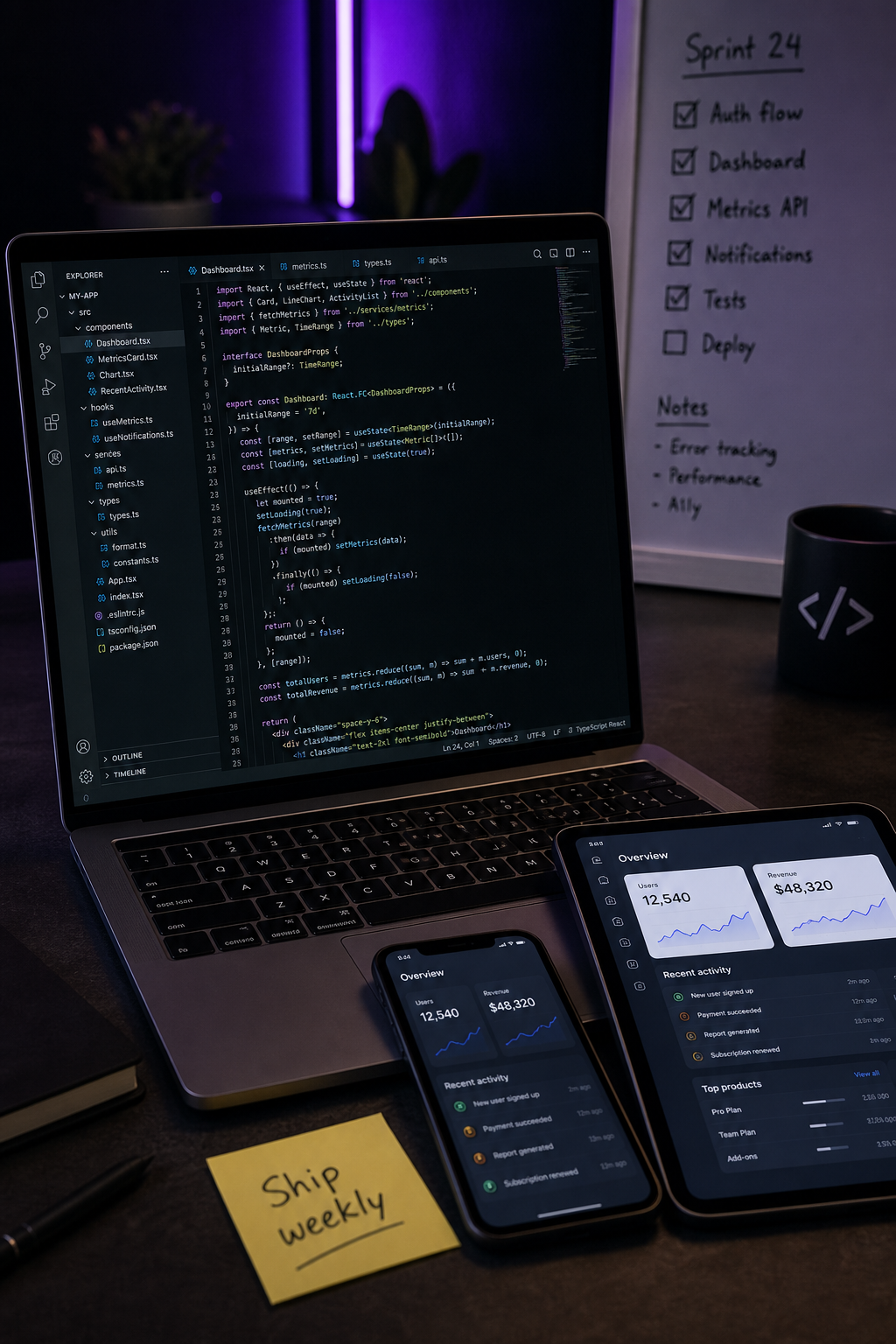 Custom software development workspace with code editor and app mockups